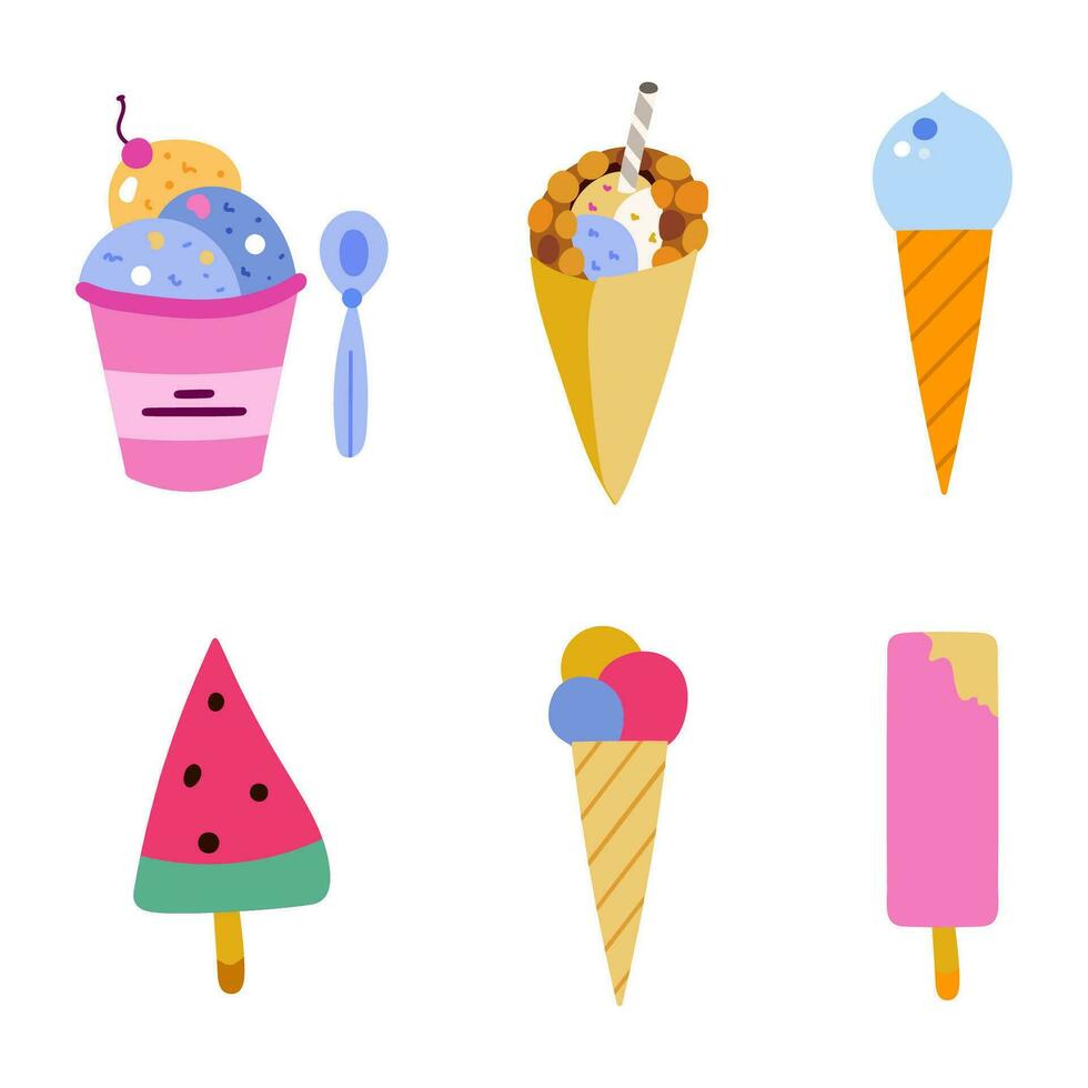 süß und einfach Eis Sahne Gekritzel Satz. kalt Dessert zum Sommer- heiß Tage. Vektor Illustration isoliert auf das Hintergrund. bunt Clip Art mit Hand gezeichnet Umriss. anders Formen von Eis Sahne