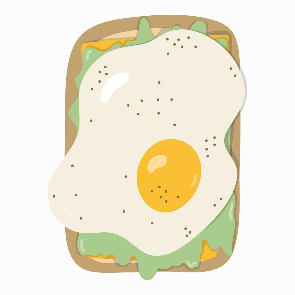 närbild rostat bröd med friterad ägg, skivor av ost, sallad, peppar. amerikan trendig frukost med populär Produkter. vektor hand dragen smörgås ClipArt i naiv stil. söt illustration. begrepp av måltid.