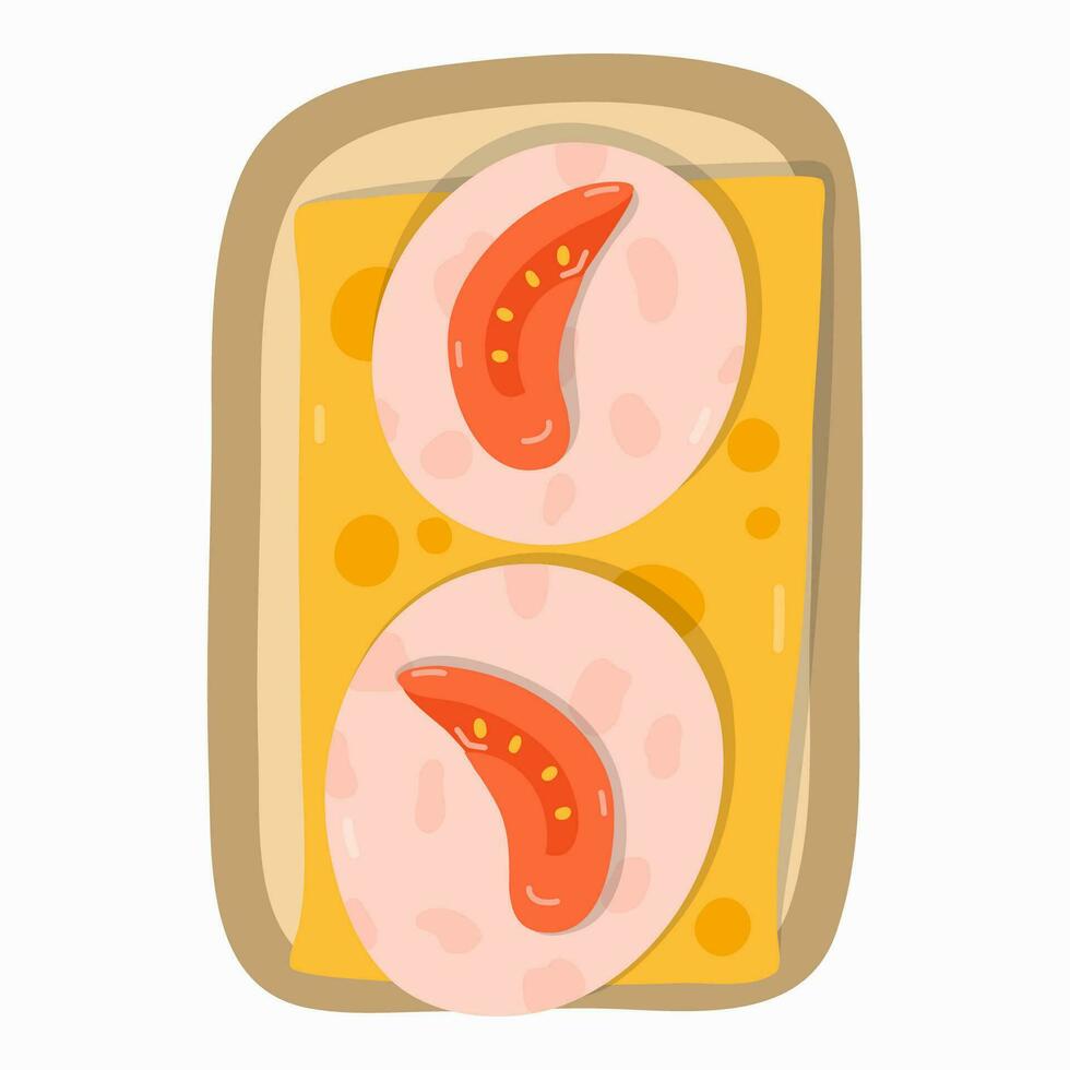 Nahansicht Sandwich mit Schinken, Scheiben von Käse, Tomate. amerikanisch traditionell Frühstück mit Beliebt Produkte. Vektor Hand gezeichnet Clip Art isoliert auf Hintergrund. süß Illustration. Konzept von Mahlzeit, Lebensmittel.