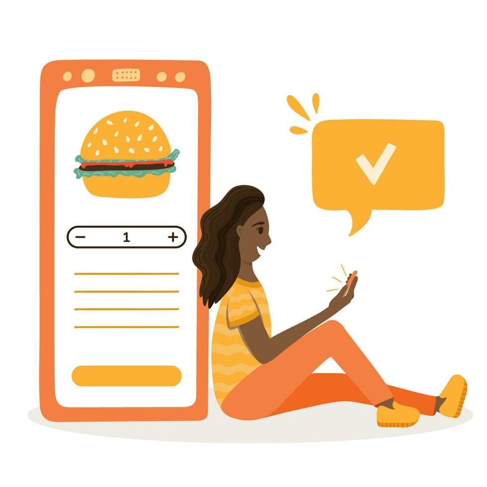 glücklich jung Frau Sitzung hinter groß Telefon und bestellen Essen online über Handy, Mobiltelefon App. afrikanisch Dame wählen Burger, andere schnell Essen und trinken auf online Speisekarte auf Smartphone. Konzept von Essen Lieferung Service. vektor
