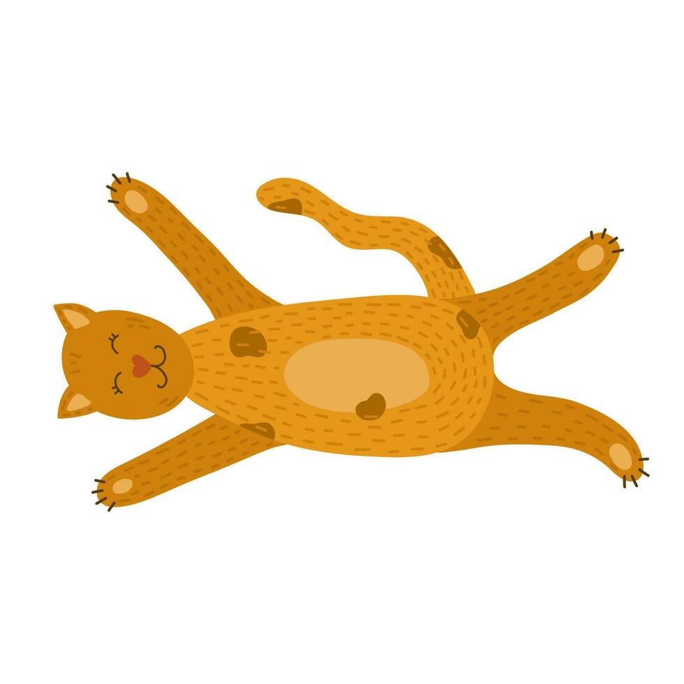 flauschige schläfrig Katze Lügen auf zurück und chillen beim heim. süß Kitty Charakter Lügen im komisch Pose. kawaii faul Kätzchen ist perfekt zum drucken, Aufkleber, T-Shirts. Hand gezeichnet Vektor Illustration isoliert.