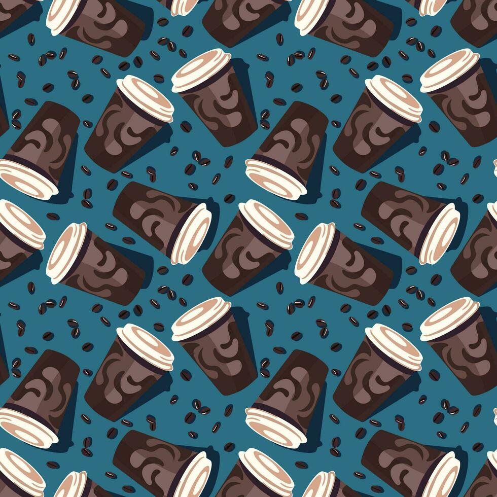 sömlös mönster med brun kaffe koppar och små svart kaffe på mörk blå bakgrund för textil- eller ämne utskrift vektor