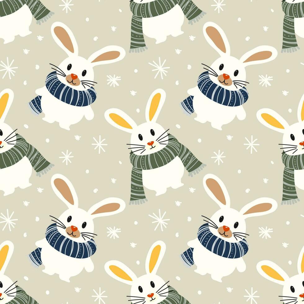 Weihnachten nahtlos Vorlage mit Hasen mit warm Schals. Vektor Vorlage mit süß Tiere mit Grün und Blau Schals, gezeichnet mit einfach Formen, zum Urlaub Drucken auf Textil- oder Objekt