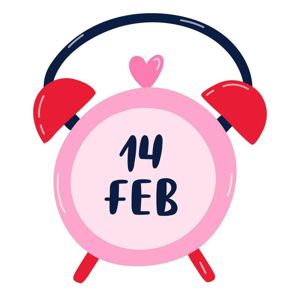 modisch Alarm Uhr mit Datum von 14 von Februar auf Uhr Gesicht und Beschriftung es ist Zeit zu Liebe. Hand gezeichnet Vektor Clip Art. Konzept von 14 von Februar. zum Valentinstag Tag Karte, Aufkleber, Sammelalbum.