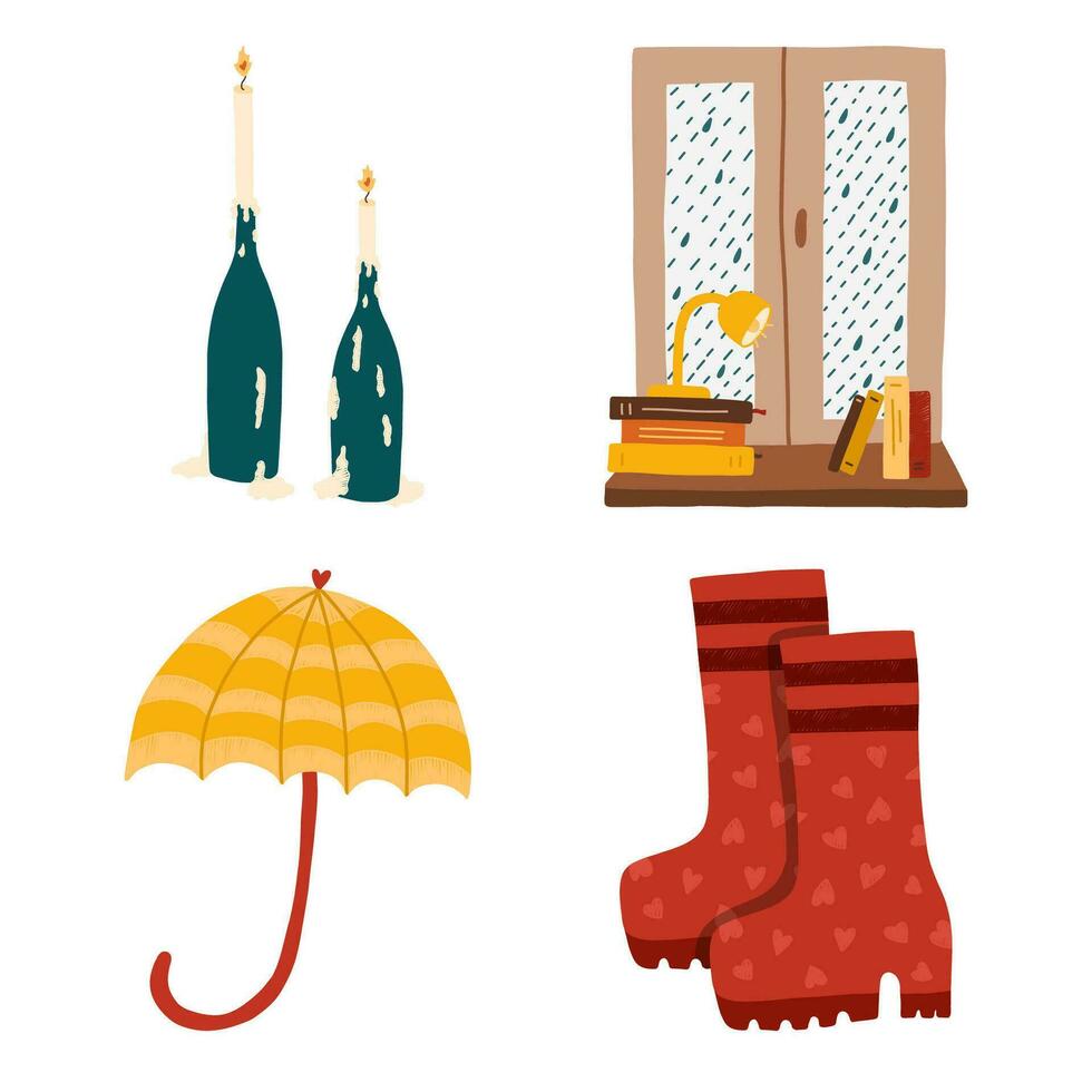 einstellen von gemütlich Herbst Symbole. Kerzen im ein Leuchter von ein Flasche, Fenster mit Regen, Bücher, Lampe auf Fensterbrett, komisch Regenschirm, Gummi Stiefel. Hygge Hand gezeichnet Illustration isoliert auf Hintergrund. vektor