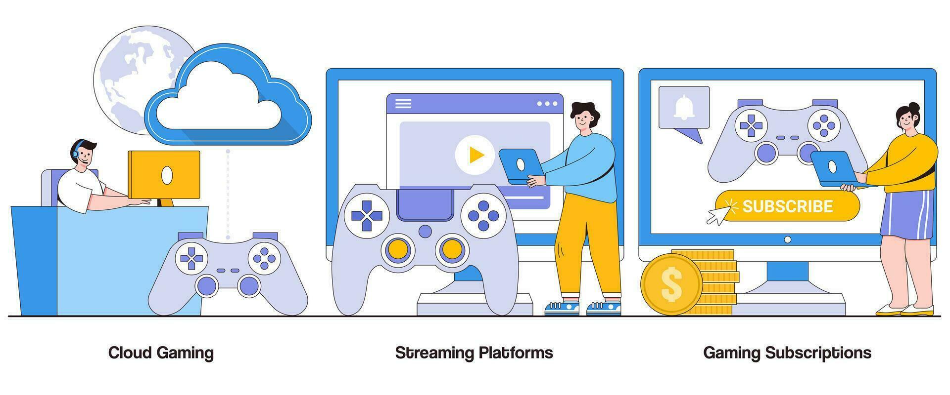 moln spel, strömning plattform, gaming prenumeration begrepp med karaktär. gaming på efterfrågan abstrakt vektor illustration uppsättning. tillgänglighet, flera plattformar spel, ändlös gaming bibliotek liknelse