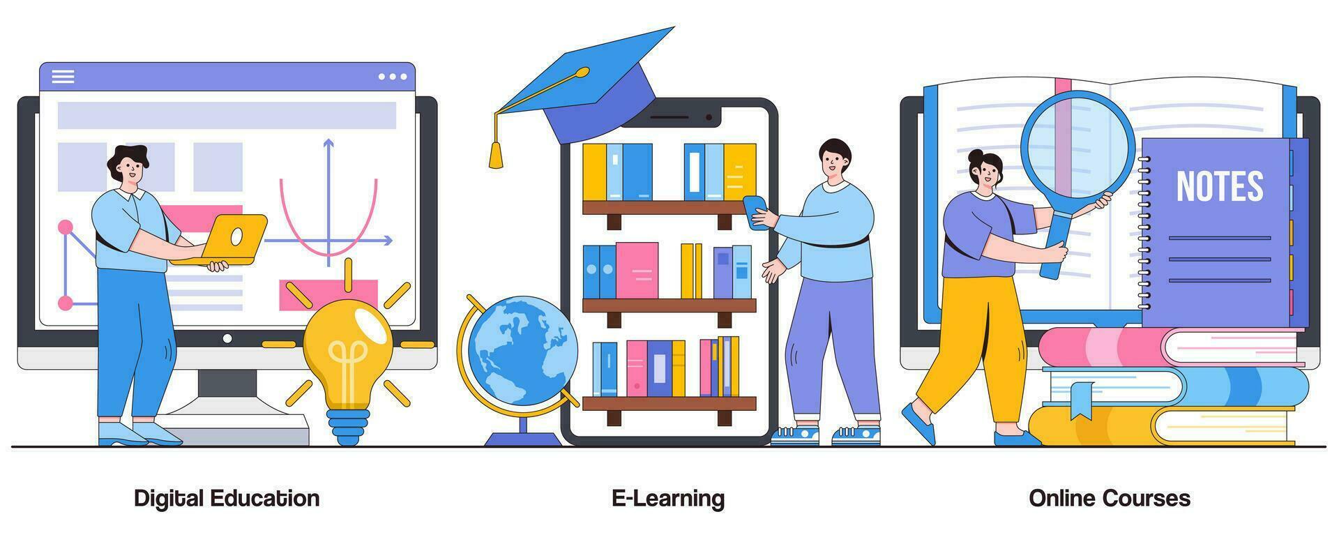 Digital Ausbildung, E-Learning, online Kurse Konzept mit Charakter. virtuell Lernen abstrakt Vektor Illustration Satz. Wissen Erwerb, Flexibilität, lehrreich Reisen Metapher