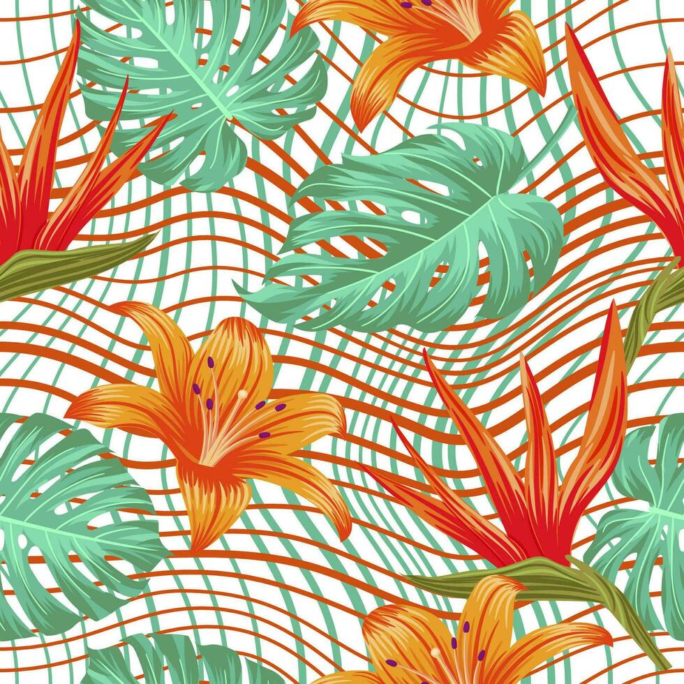 Blumen- nahtlos Muster mit wellig gefüttert Formen. tropisch Hintergrund vektor