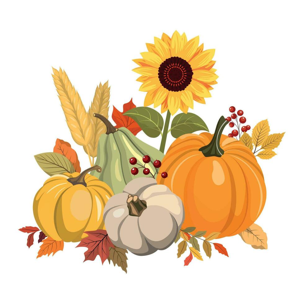 Herbst Farbe Kürbisse, Sonnenblume, Weizen und Wald Blätter Clip Art. isoliert auf Weiß Hintergrund. saisonal Design zum Gruß oder Poster. vektor