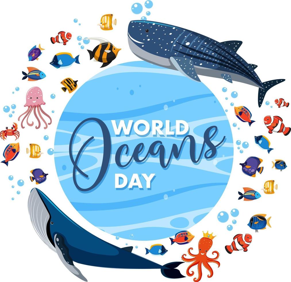 World Ocean Day Banner mit vielen verschiedenen Meerestieren many vektor