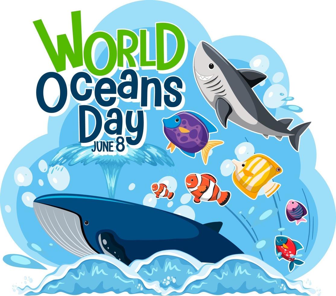 World Ocean Day Banner mit vielen verschiedenen Meerestieren many vektor