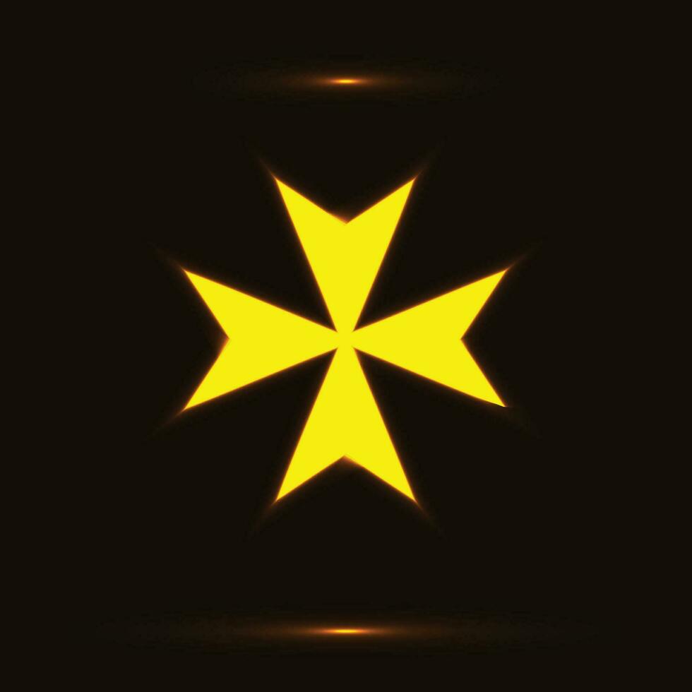 golden maltesisch Kreuz Symbol Über schwarz Hintergrund. Hospitalier Ritter glühend maltesisch Kreuz Symbol Vektor Illustration