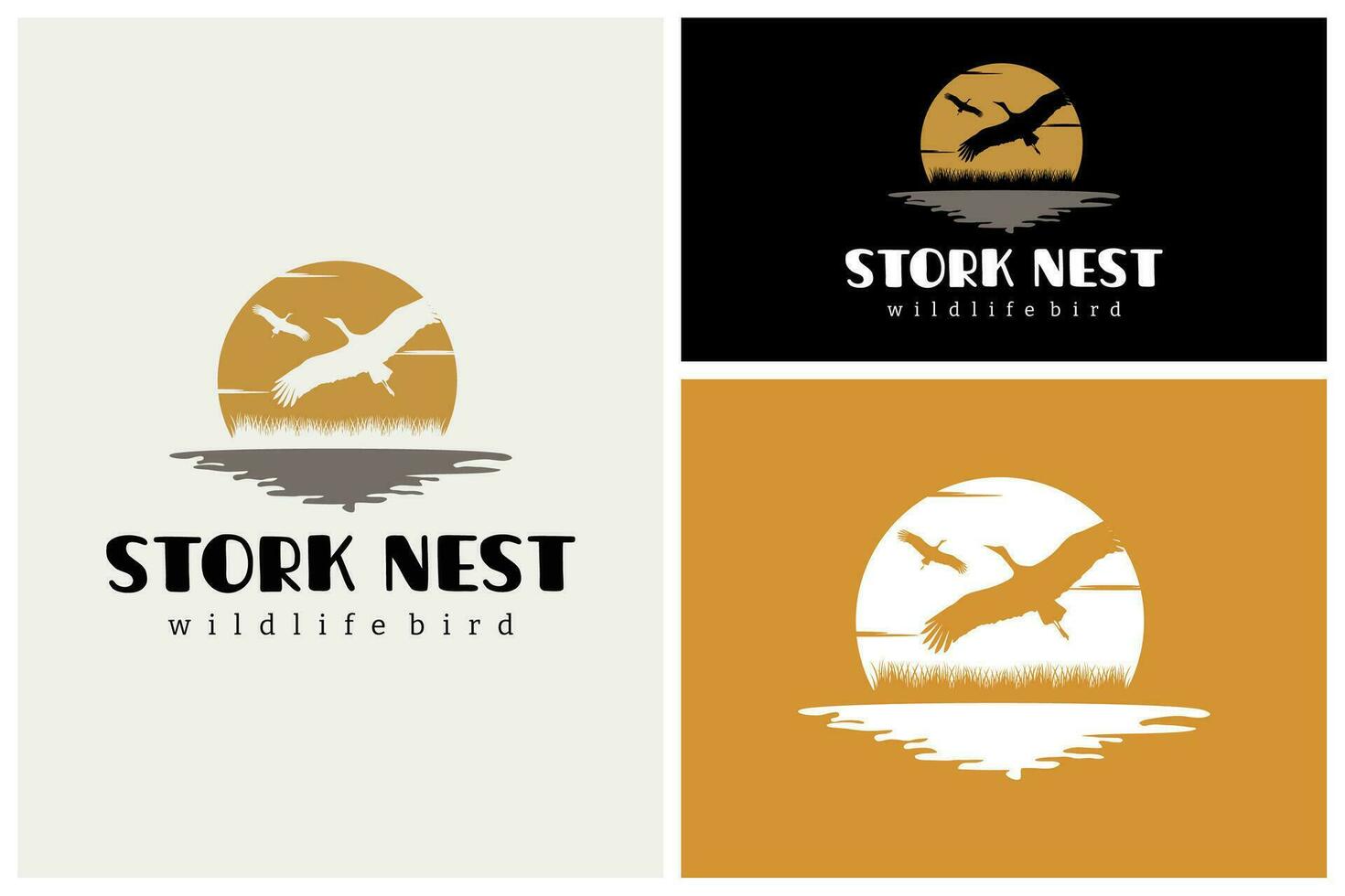 Storch Reiher fliegend beim Sonnenuntergang Über das Fluss Bach See Gras Silhouette Natur Tierwelt Logo Design vektor