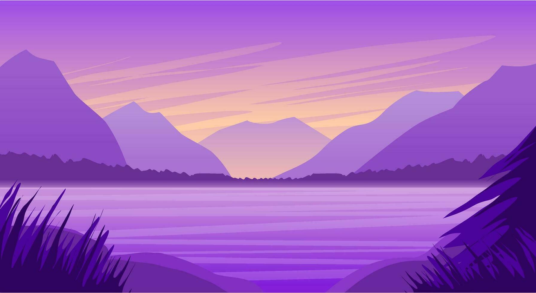 Aussicht von das See und Hügel lila Hintergrund Illustration vektor