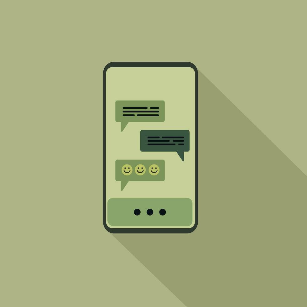 Smartphone mit chatten Symbol im eben Stil auf Grün Hintergrund. Vektor Illustration