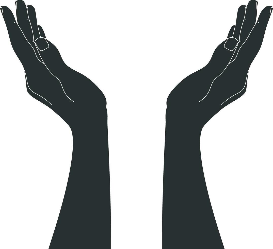 hand dragen kupad händer silhuett isolerat på vit bakgrund. Uppfostrad händer översikt. vektor illustration