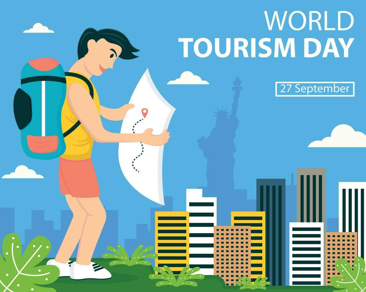 illustration vektor grafisk av en turist läsning en Karta pekare, som visar skyskrapor i de bakgrund, perfekt för internationell dag, värld turism dag, fira, hälsning kort, etc.