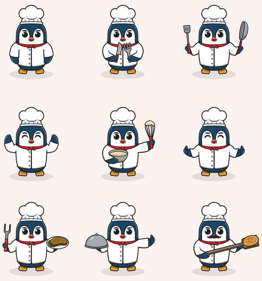 Vektor Illustration von süß Pinguin tragen Koch Uniform. eben Karikatur Stil. einstellen von süß Tier Zeichen im Koch Uniform. Vektor Illustration im isoliert Hintergrund