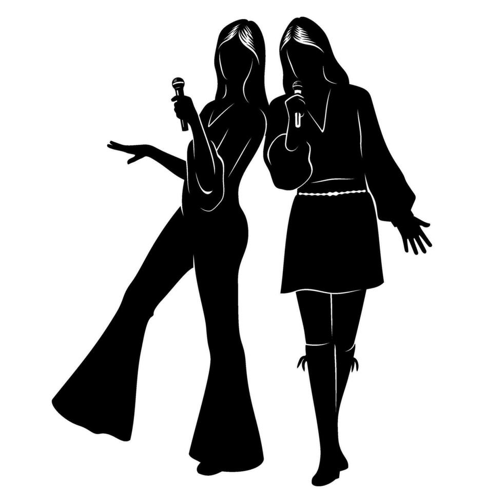 Disko Sänger Silhouetten. ziemlich Frauen Singen im Duo. alle zahlen sind das trennen Objekte. Vektor Cliparts isoliert auf Weiß.