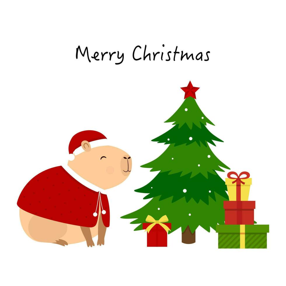Capybara mit Weihnachten Baum und Geschenke im Boxen. Vektor Illustration zum Weihnachten und Neu Jahr Design.
