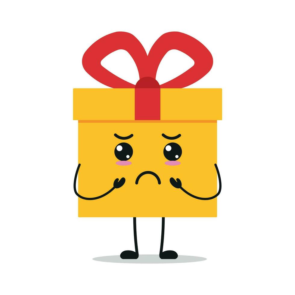 süß düster Geschenk Box Charakter. komisch traurig Geschenk Box Karikatur Emoticon im eben Stil. Geschenk Emoji Vektor Illustration