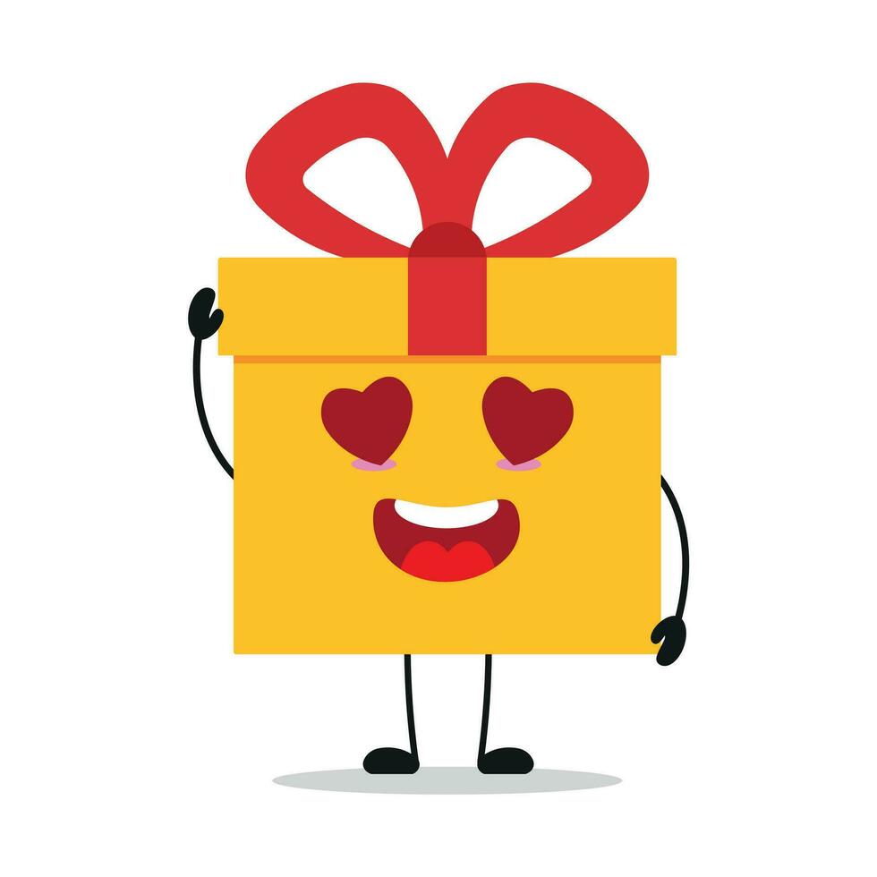 süß glücklich Geschenk Box Charakter. komisch fallen im Liebe Geschenk Box Karikatur Emoticon im eben Stil. Geschenk Emoji Vektor Illustration