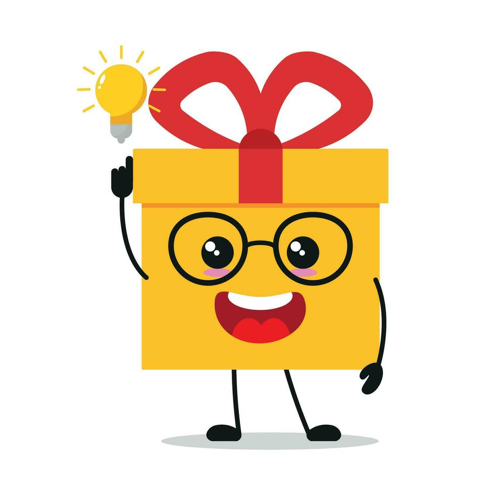 süß Clever Geschenk Box Charakter. komisch Geschenk Box habe Inspiration Idee Karikatur Emoticon im eben Stil. Geschenk Emoji Vektor Illustration