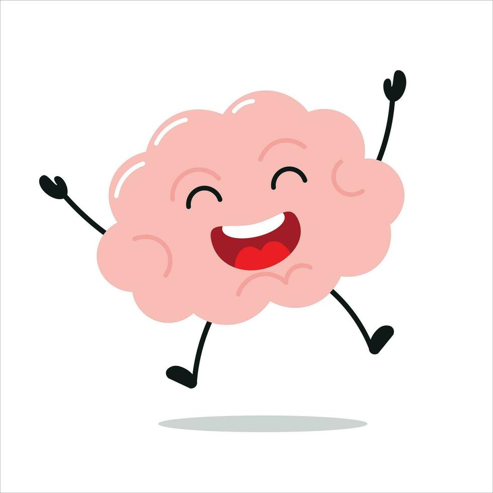 süß glücklich Gehirn Charakter. komisch Sieg springen Feier Gehirn Karikatur Emoticon im eben Stil. Gehirn Emoji Vektor Illustration