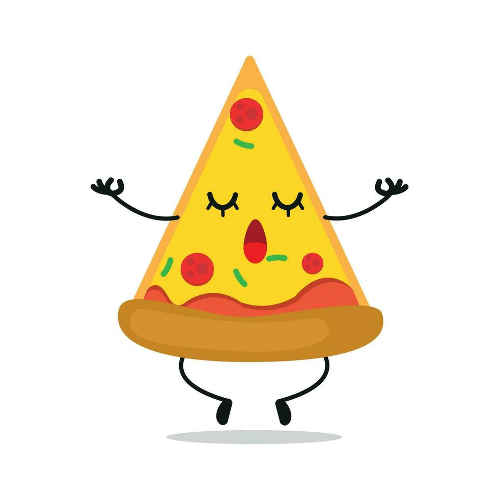 süß entspannen Pizza Charakter. komisch Yoga Kuchen Karikatur Emoticon im eben Stil. Essen Emoji Meditation Vektor Illustration