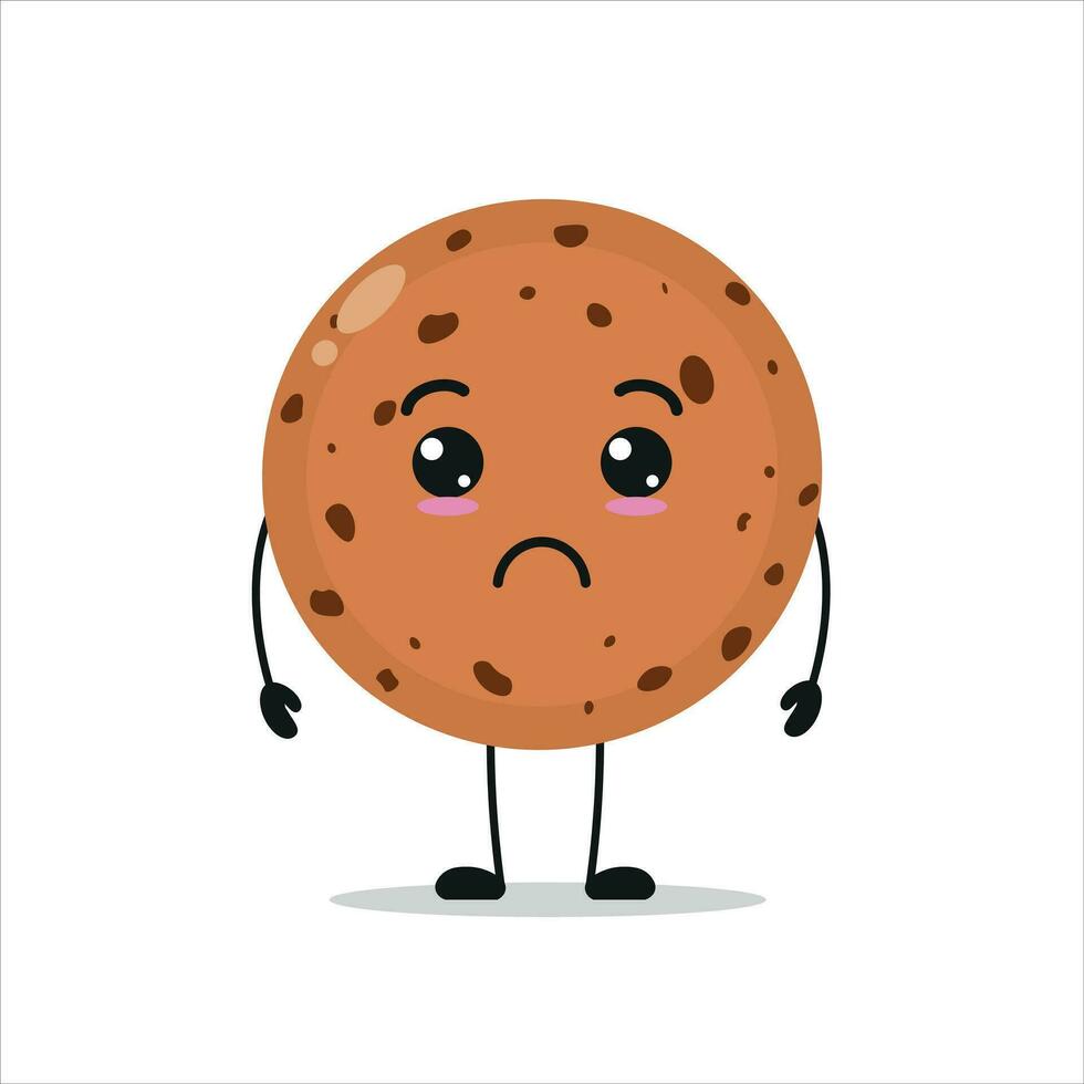süß traurig Plätzchen Charakter. komisch unzufrieden Keks Karikatur Emoticon im eben Stil. Bäckerei Emoji Vektor Illustration