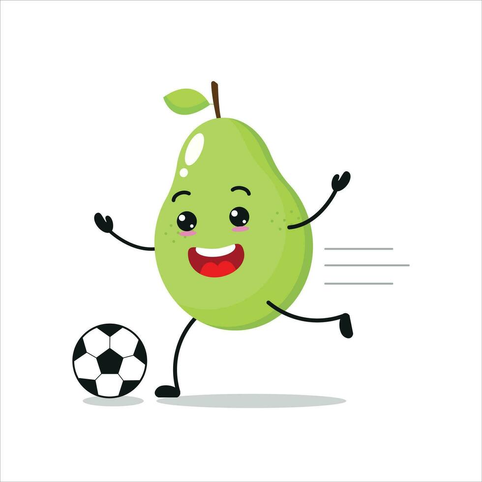 süß und komisch Birne abspielen Fußball. Obst tun Fitness oder Sport Übungen. glücklich Charakter Fußball Arbeiten aus Vektor Illustration.