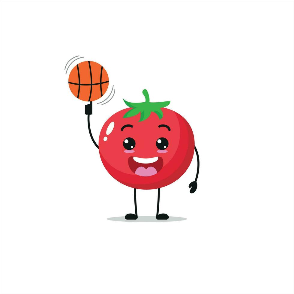 söt och rolig tomat spela basketboll. vegetabiliska håller på med kondition eller sporter övningar. Lycklig karaktär arbetssätt ut vektor illustration.