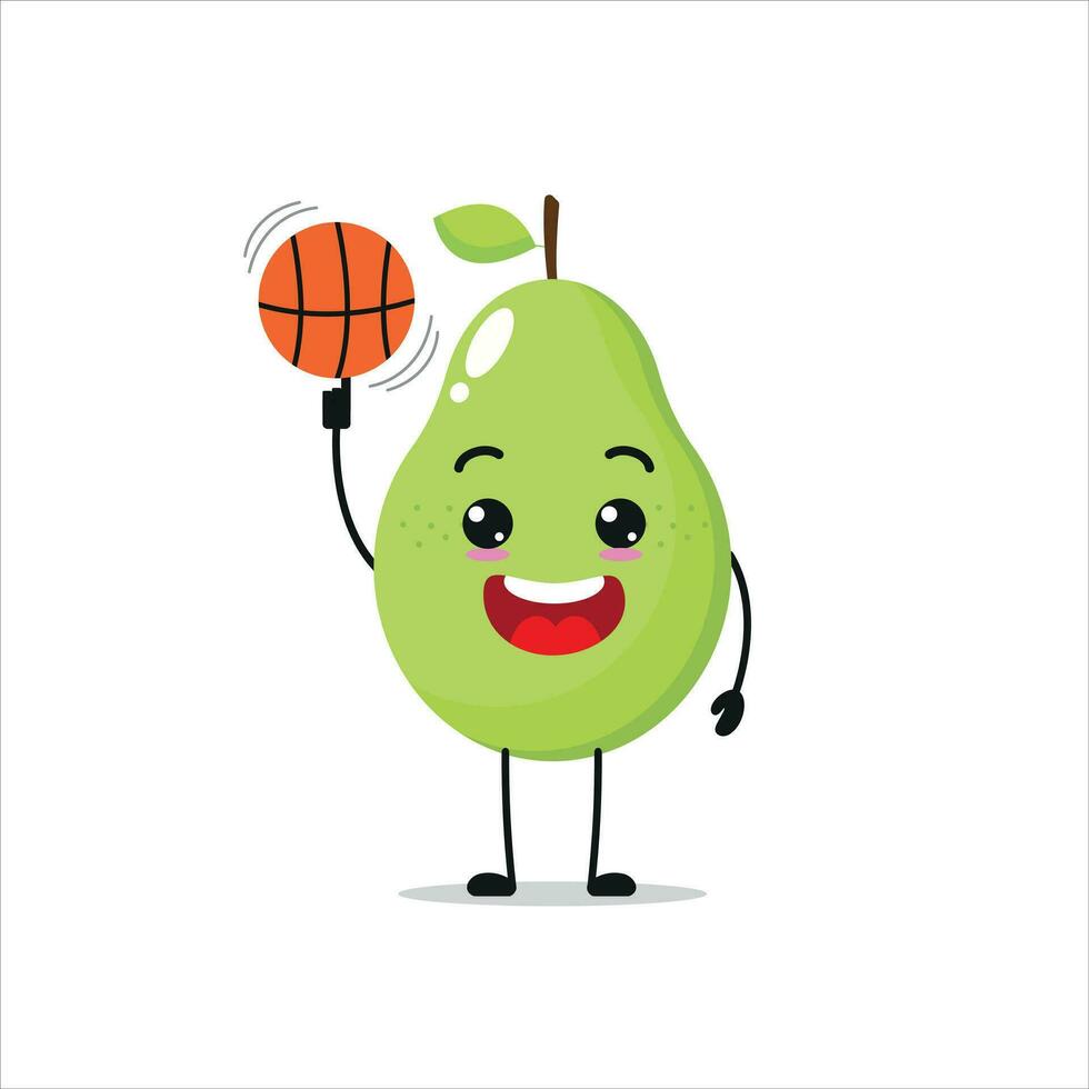 süß und komisch Birne abspielen Basketball. Obst tun Fitness oder Sport Übungen. glücklich Charakter Arbeiten aus Vektor Illustration.