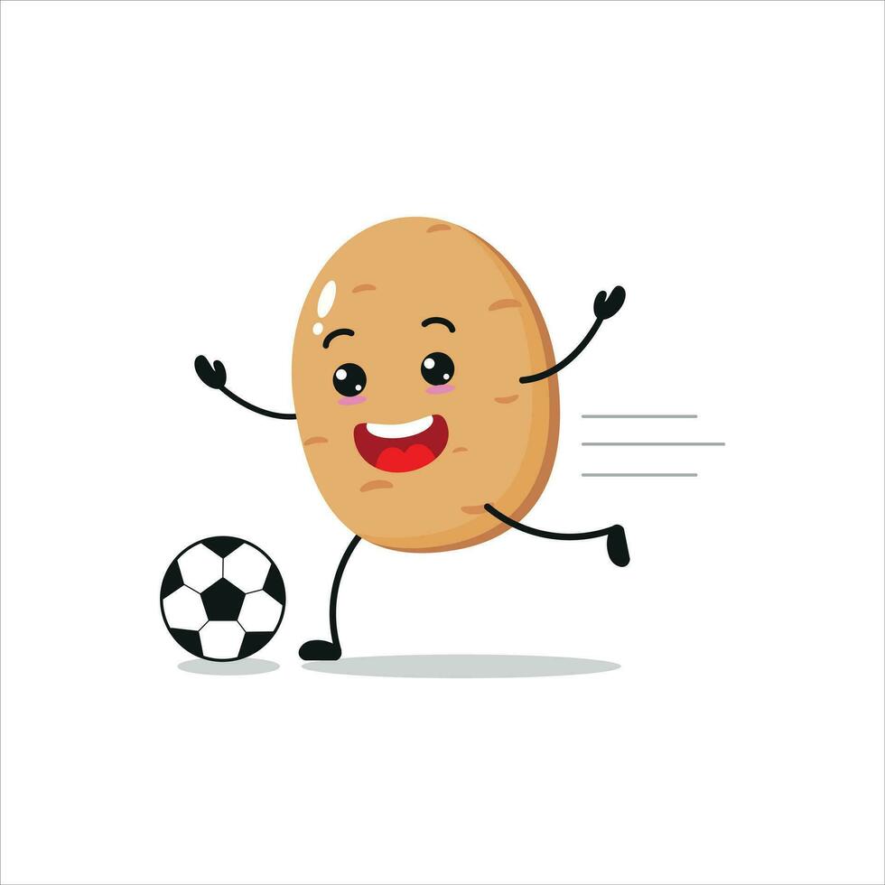 süß und komisch Kartoffel abspielen Fußball. Gemüse tun Fitness oder Sport Übungen. glücklich Charakter Fußball Arbeiten aus Vektor Illustration.