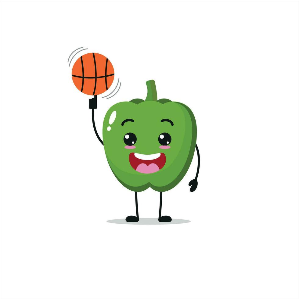 söt och rolig grön paprika spela basketboll. vegetabiliska håller på med kondition eller sporter övningar. Lycklig karaktär arbetssätt ut vektor illustration.