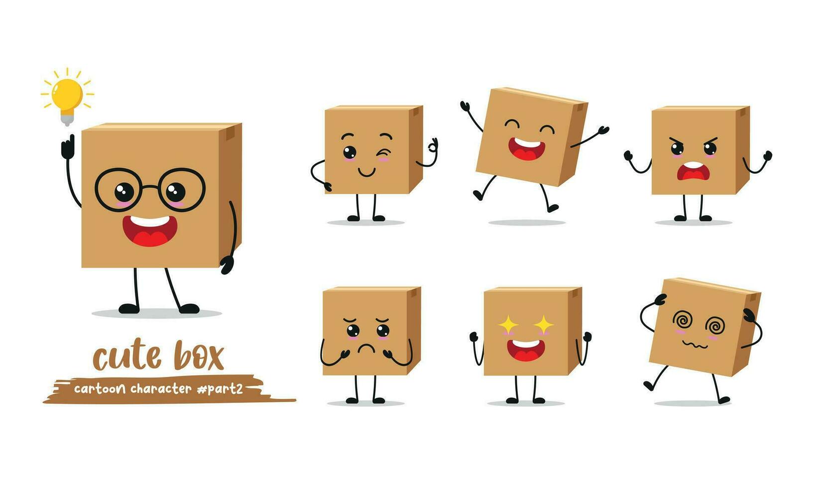 süß Karton Box Karikatur mit viele Ausdrücke. Box Paket anders Aktivität Vektor Illustration eben Design.