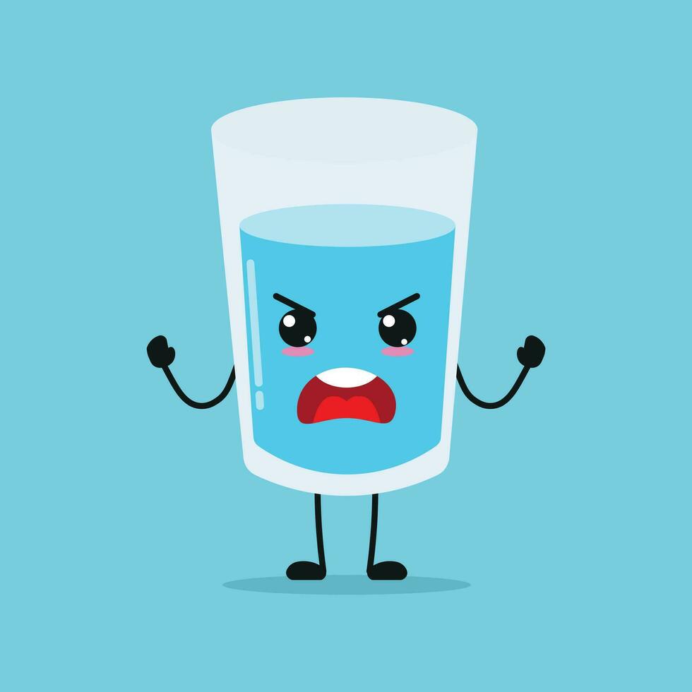 söt arg vatten glas karaktär. rolig rasande glas tecknad serie uttryckssymbol i platt stil. vatten emoji vektor illustration
