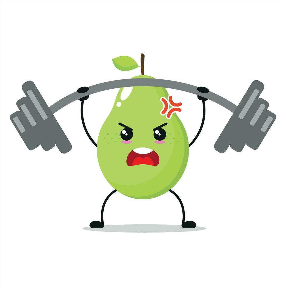 süß und komisch Birne tun Gewichtheben. Obst tun Fitness oder Sport Übungen. glücklich Charakter Arbeiten aus Vektor Illustration.