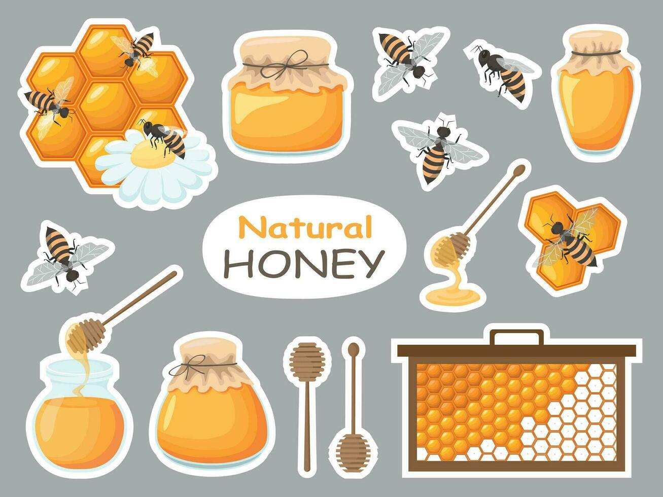 uppsättning klistermärken bin, färsk honung, burkar, honung sked, blommor, honungskaka. användbar för design av organisk produkt, bakgrunder. vektor illustration.