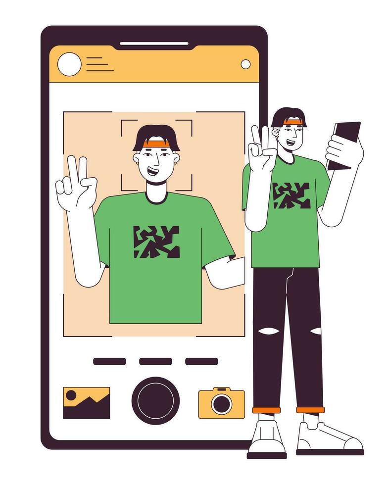 man tar bild platt linje begrepp vektor fläck illustration. selfie på främre kamera. man håller på med v tecken 2d tecknad serie översikt karaktär på vit för webb ui design. redigerbar isolerat Färg hjälte bild