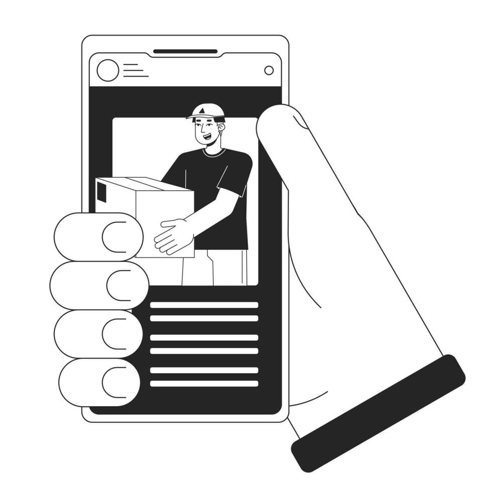 Verfolgung Paket Lieferung durch Kurier bw Konzept Vektor Stelle Illustration. online App auf Smartphone 2d Karikatur eben Linie monochromatisch Hand zum Netz ui Design.bearbeitbar isoliert Gliederung Held Bild