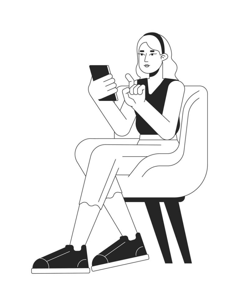 kvinna Sammanträde på stol platt linje svart vit vektor karaktär. redigerbar översikt full kropp person. caucasian lady skriver på smartphone enkel tecknad serie isolerat fläck illustration för webb grafisk design