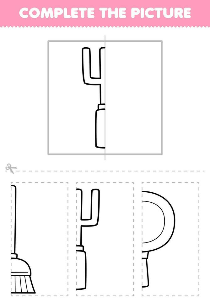 utbildning spel för barn skära och komplett de bild av söt tecknad serie gaffel halv översikt för färg tryckbar verktyg kalkylblad vektor