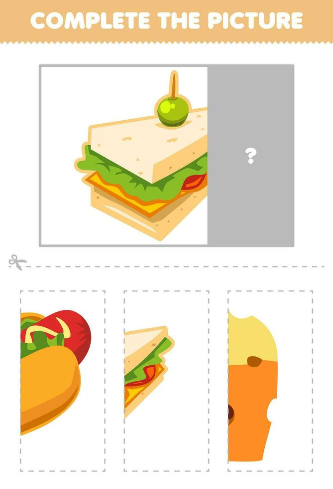 utbildning spel för barn skära och komplett de korrekt bild av söt tecknad serie smörgås tryckbar mat kalkylblad vektor