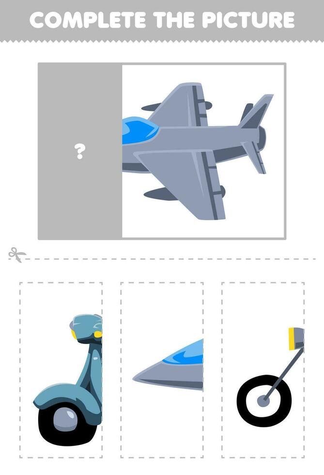 Bildung Spiel zum Kinder Schnitt und Komplett das richtig Bild von süß Karikatur Jet Kämpfer druckbar Transport Arbeitsblatt vektor