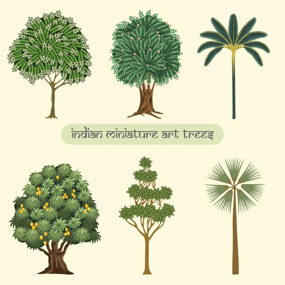 olika sorter av dekorativ träd från indisk miniatyr- konst vektor