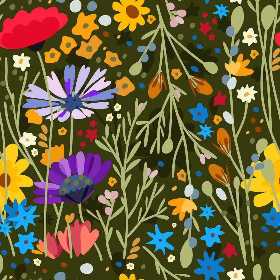 Vektor nahtlos Blumen- Muster. Wildblumen auf dunkel Grün Hintergrund