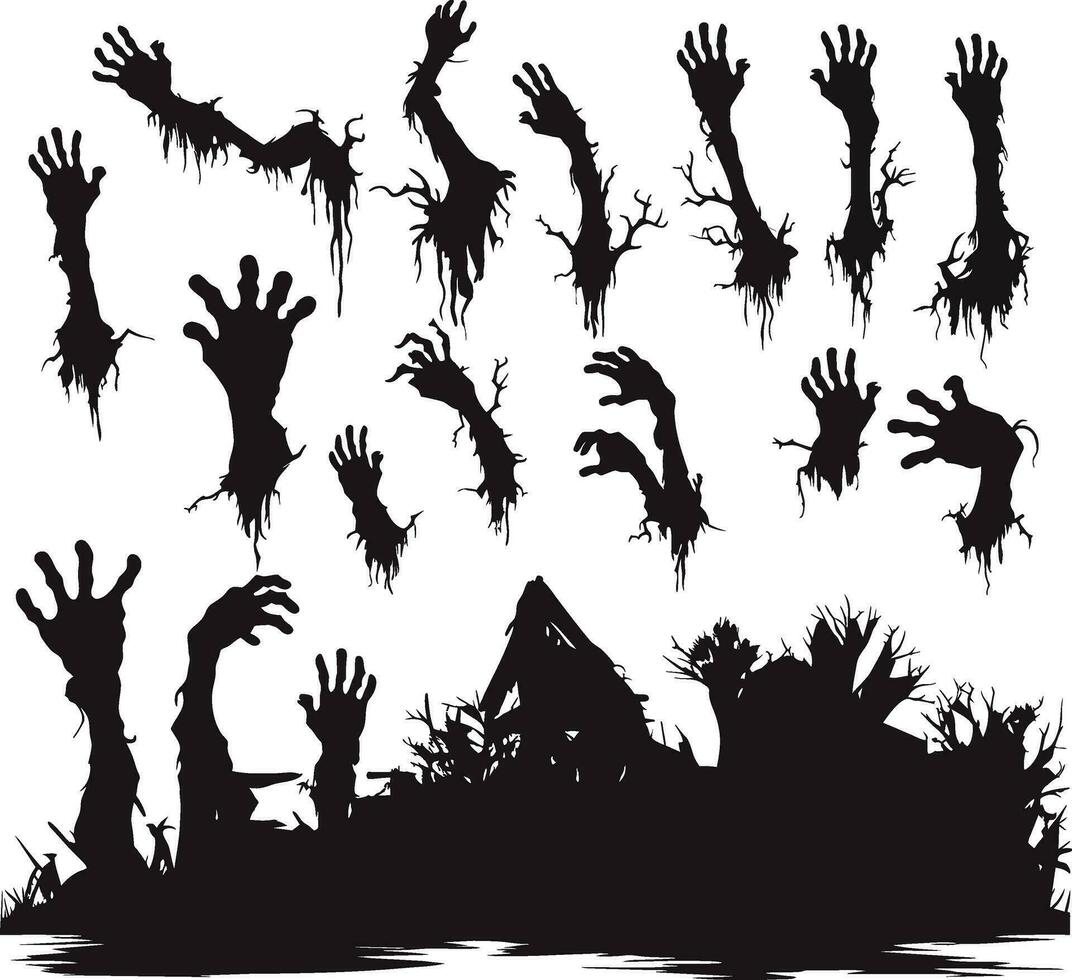 Zombie Hände Silhouette. gruselig Zombie krumm Lämmer Stock aus von Friedhof Boden Vektor Illustration Satz. Halloween Zombie Hände Vektor auf Weiß Hintergrund.