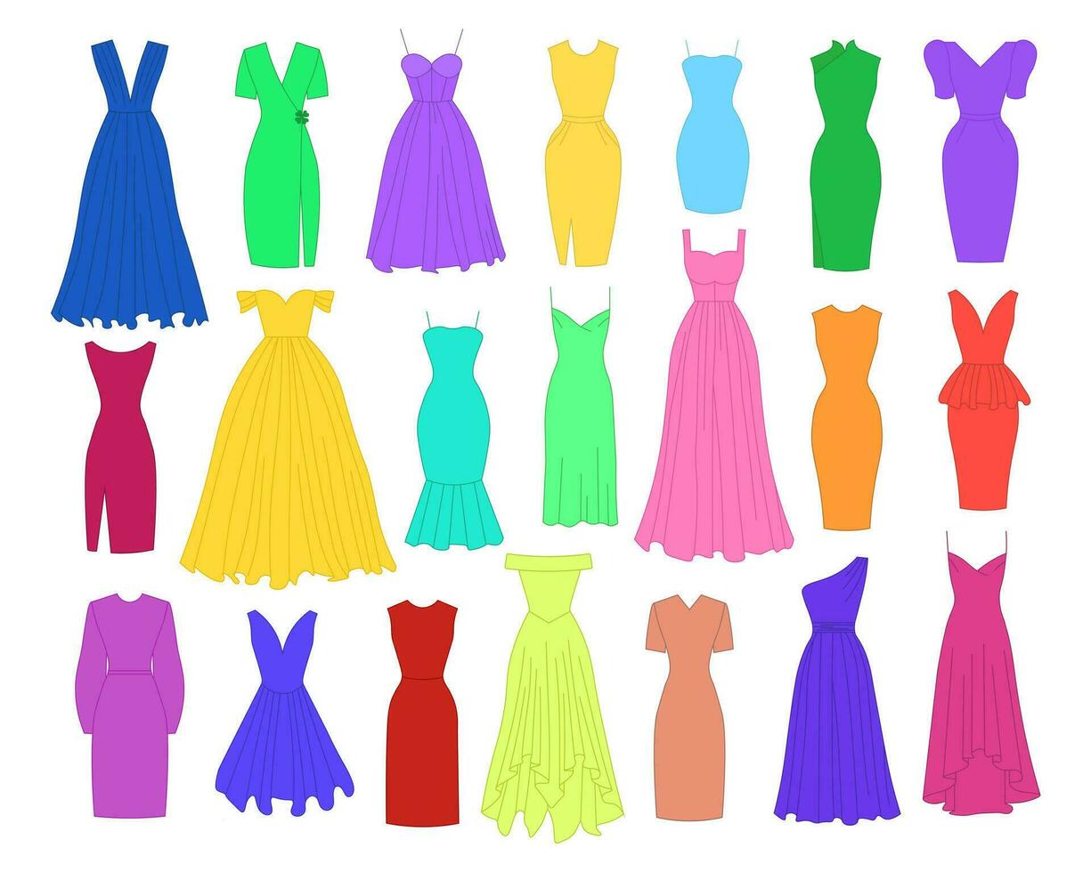 uppsättning av olika klänningar. mode, stil, Kläder. vektor
