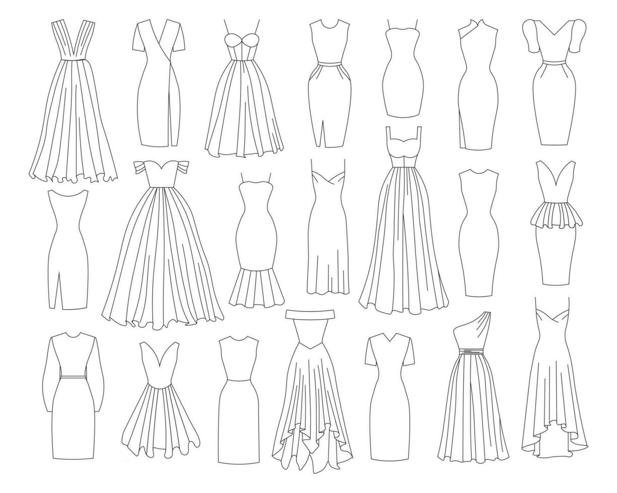 uppsättning av olika klänningar. vektor illustration. mode, stil, Kläder.